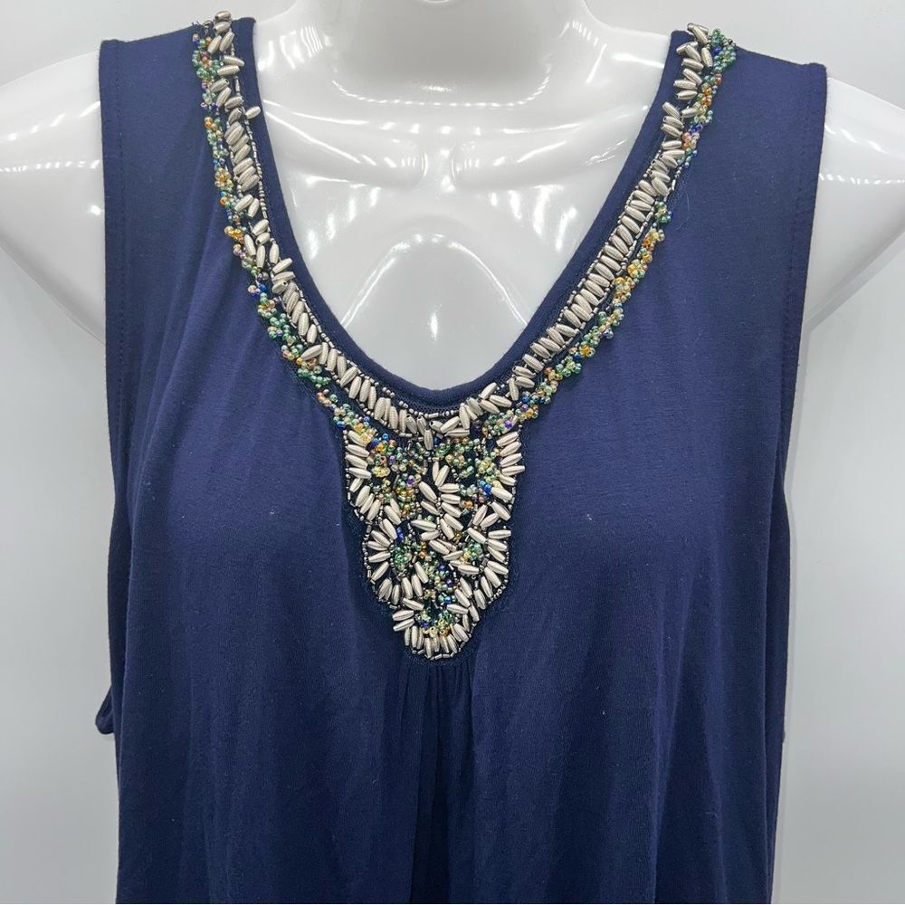 Olivia Sky Jeweled Neck Swing Extra Long Tank Top in Navy blue Size 2X
